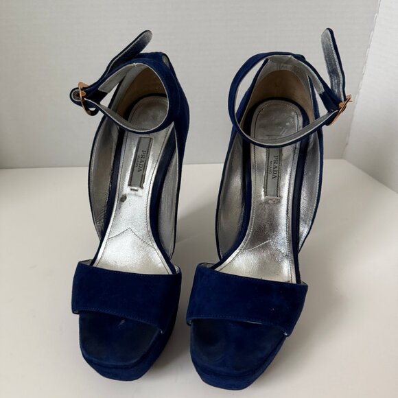 Prada Navy Suede Platform Block Heel Sandals - Picture 5 of 6
